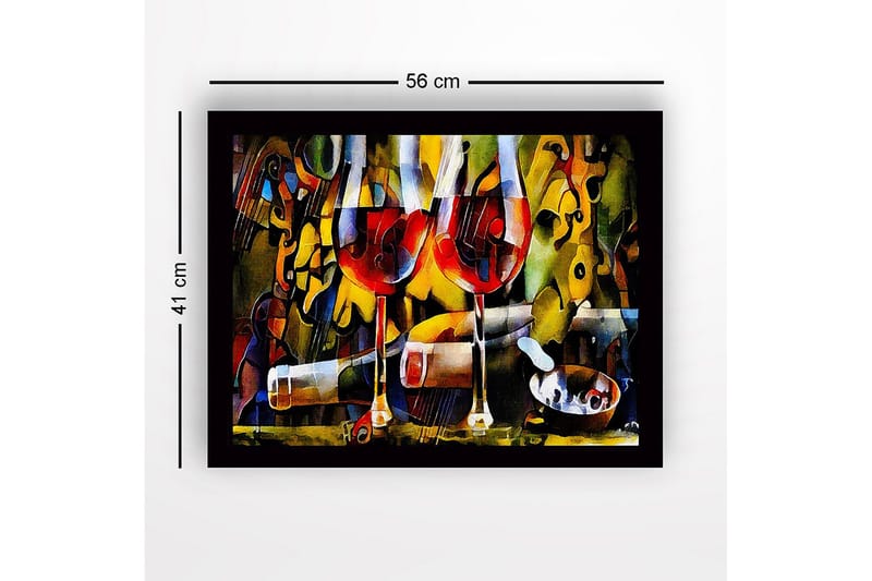 Inramad Canvastavla i trä - 41x56 cm - Två vinglas med röd vin och en flaska i en livlig komposition - Röd / Gul / Grön - Inredning & dekor - Tavlor & konst