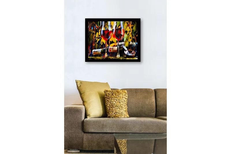 Inramad Canvastavla i trä - 41x56 cm - Två vinglas med röd vin och en flaska i en livlig komposition - Röd / Gul / Grön - Inredning & dekor - Tavlor & konst