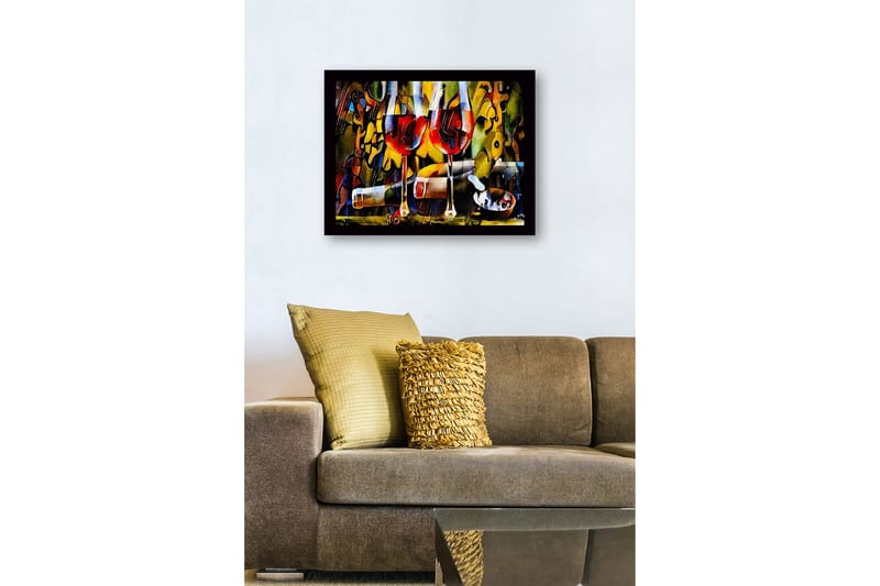 Inramad Canvastavla i trä - 41x56 cm - Två vinglas med röd vin och en flaska i en livlig komposition - Röd / Gul / Grön - Inredning & dekor - Tavlor & konst