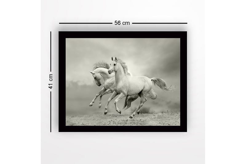 Inramad Canvastavla i trä - 41x56 cm - Två vita hästar som galopperar framåt i en dramatisk miljö - Vit / Grå - Inredning & dekor - Tavlor & konst