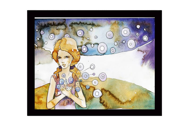 Inramad Canvastavla i trä - 41x56 cm - Ung kvinna med blommor i händerna och svävande cirklar runtomkring, Ljusblå / Beige / Lila