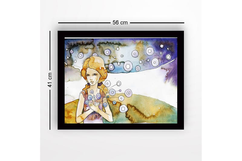 Inramad Canvastavla i trä - 41x56 cm - Ung kvinna med blommor i händerna och svävande cirklar runtomkring - Ljusblå / Beige / Lila - Inredning & dekor - Tavlor & konst