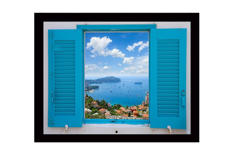 Inramad Canvastavla i trä - 41x56 cm - Utsikt genom en öppen fönsterlucka mot havet och himlen - Blå / Grön / Vit - Inredning & dekor - Tavlor & konst