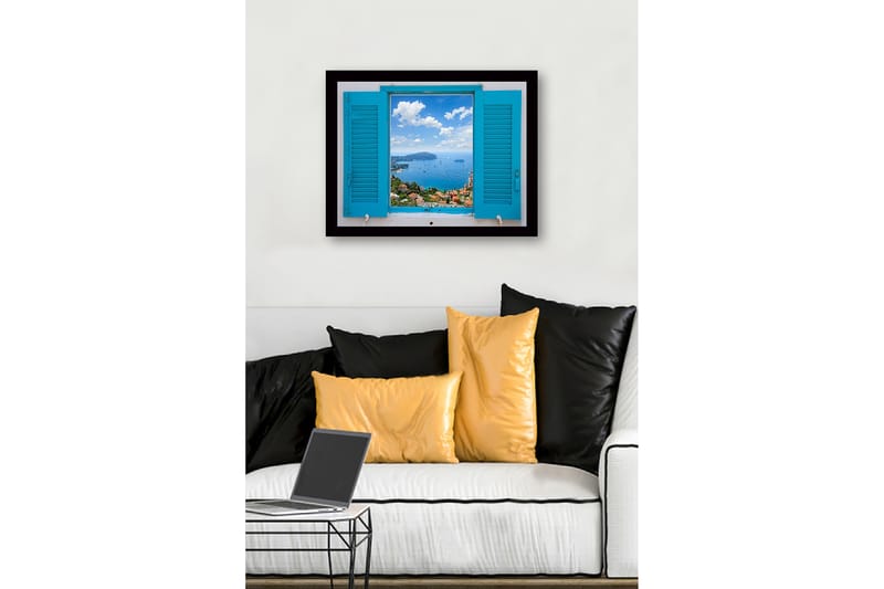 Inramad Canvastavla i trä - 41x56 cm - Utsikt genom en öppen fönsterlucka mot havet och himlen - Blå / Grön / Vit - Inredning & dekor - Tavlor & konst