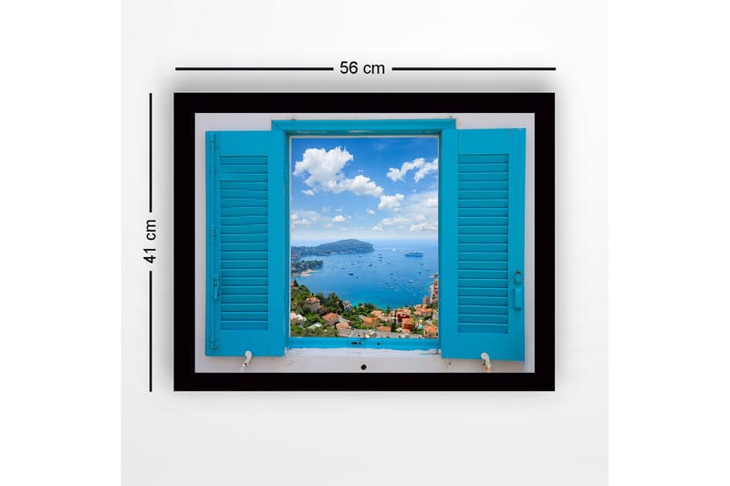 Inramad Canvastavla i trä - 41x56 cm - Utsikt genom en öppen fönsterlucka mot havet och himlen - Blå / Grön / Vit - Inredning & dekor - Tavlor & konst
