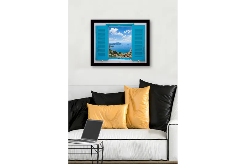 Inramad Canvastavla i trä - 41x56 cm - Utsikt genom en öppen fönsterlucka mot havet och himlen - Blå / Grön / Vit - Inredning & dekor - Tavlor & konst