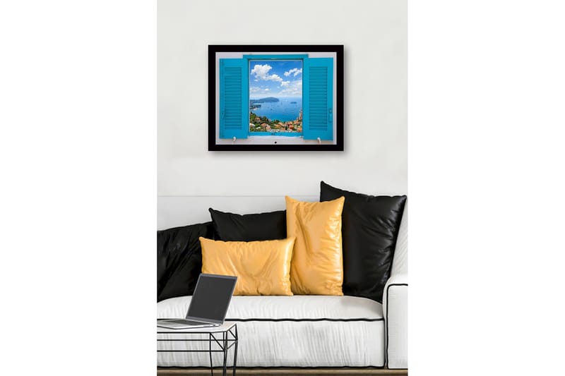 Inramad Canvastavla i trä - 41x56 cm - Utsikt genom en öppen fönsterlucka mot havet och himlen - Blå / Grön / Vit - Inredning & dekor - Tavlor & konst