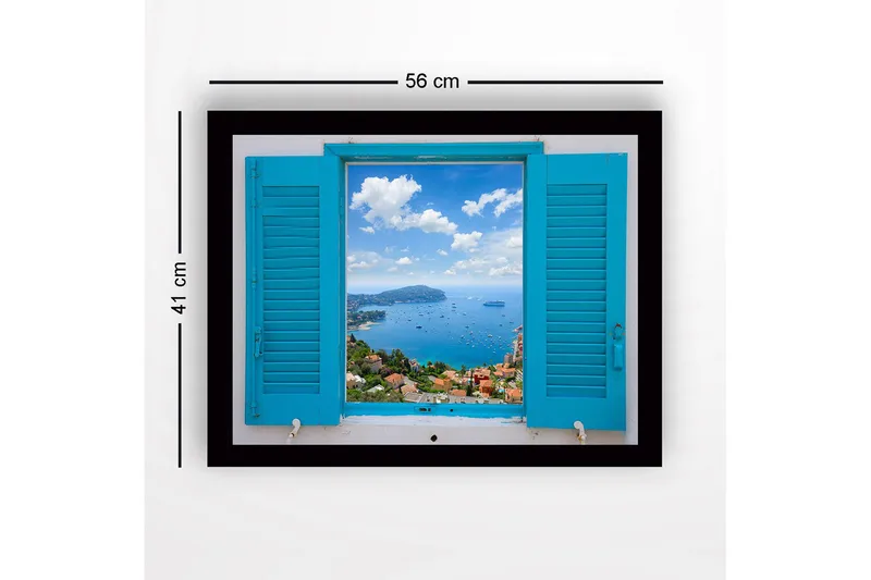 Inramad Canvastavla i trä - 41x56 cm - Utsikt genom en öppen fönsterlucka mot havet och himlen - Blå / Grön / Vit - Inredning & dekor - Tavlor & konst