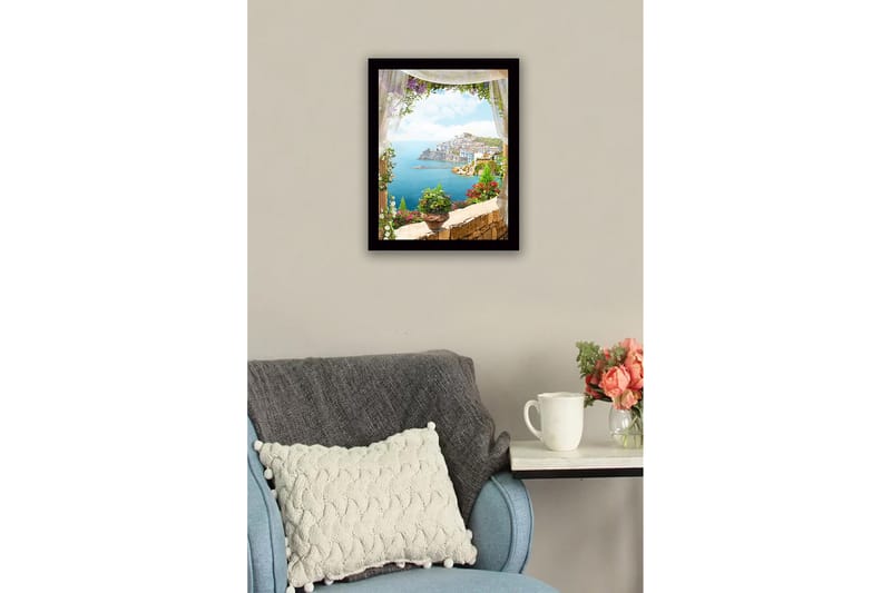 Inramad Canvastavla i trä - 41x56 cm - Utsikt över en kuststad med blommor i förgrunden - Blå / Grön / Rosa - Inredning & dekor - Tavlor & konst