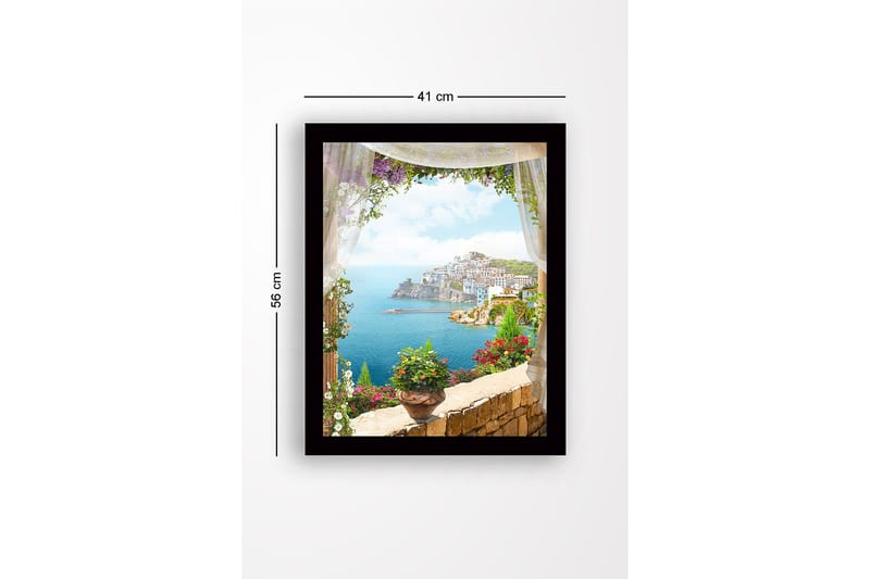 Inramad Canvastavla i trä - 41x56 cm - Utsikt över en kuststad med blommor i förgrunden - Blå / Grön / Rosa - Inredning & dekor - Tavlor & konst