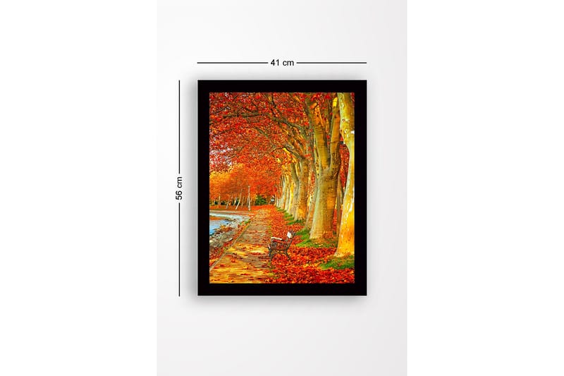 Inramad Canvastavla i trä - 41x56 cm - Vacker allé med höstfärgade träd och en bänk längs en promenadväg - Orange / Guld / Grön - Inredning & dekor - Tavlor & konst