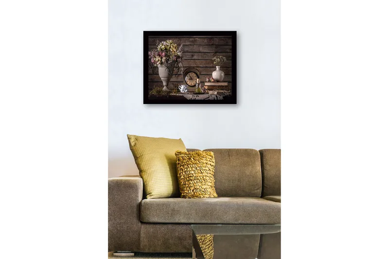 Inramad Canvastavla i trä - 41x56 cm - Vacker bukett av torkade blommor i en elegant vas - Grå / Lila / Beige - Inredning & dekor - Tavlor & konst