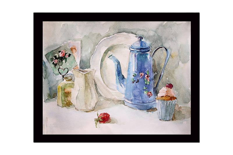 Inramad Canvastavla i trä - 41x56 cm - Vacker dukning med en blå kanna och bakverk, Blå / Vit / Grön