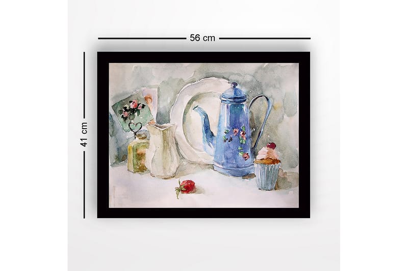 Inramad Canvastavla i trä - 41x56 cm - Vacker dukning med en blå kanna och bakverk - Blå / Vit / Grön - Inredning & dekor - Tavlor & konst