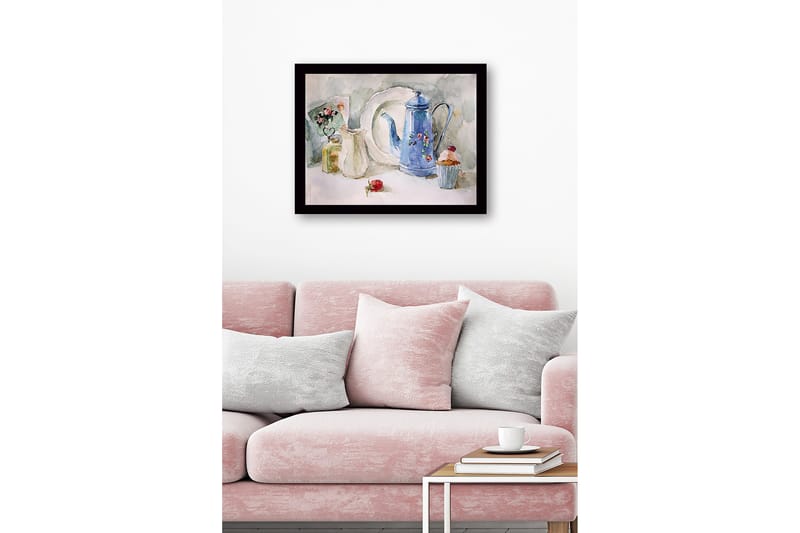 Inramad Canvastavla i trä - 41x56 cm - Vacker dukning med en blå kanna och bakverk - Blå / Vit / Grön - Inredning & dekor - Tavlor & konst