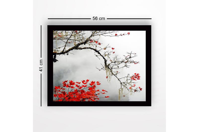 Inramad Canvastavla i trä - 41x56 cm - Vacker gren med röda höstlöv mot en dimmig bakgrund - Röd / Grå / Brun - Inredning & dekor - Tavlor & konst