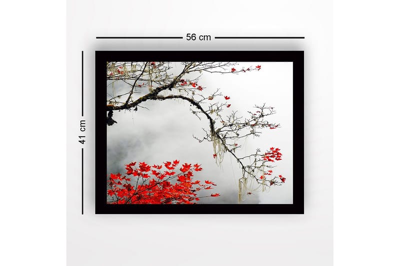 Inramad Canvastavla i trä - 41x56 cm - Vacker gren med röda höstlöv mot en dimmig bakgrund - Röd / Grå / Brun - Inredning & dekor - Tavlor & konst