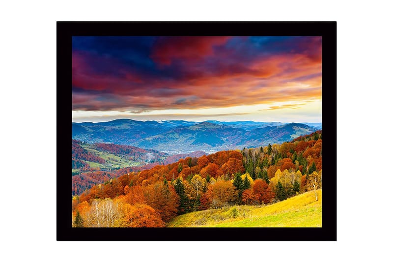 Inramad Canvastavla i trä - 41x56 cm - Vacker höstlandskap med färgglada träd och fjärran berg - Orange / Grön / Blå - Inredning & dekor - Tavlor & konst