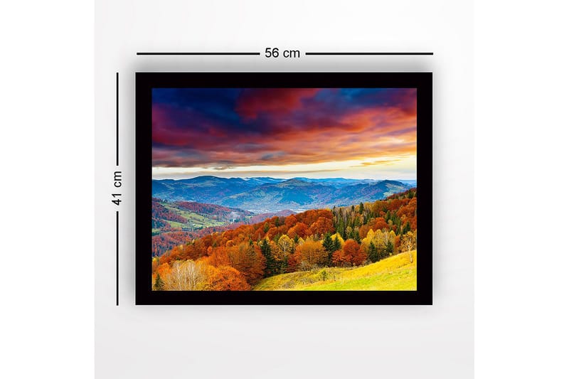 Inramad Canvastavla i trä - 41x56 cm - Vacker höstlandskap med färgglada träd och fjärran berg - Orange / Grön / Blå - Inredning & dekor - Tavlor & konst