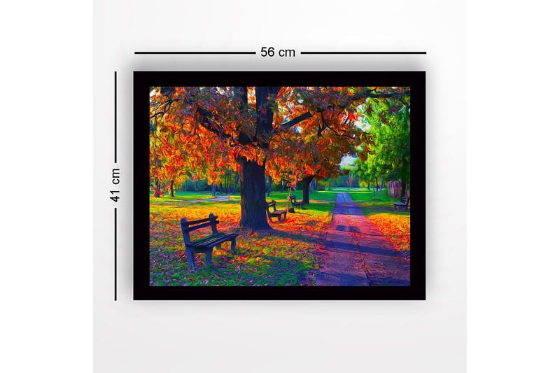 Inramad Canvastavla i trä - 41x56 cm - Vacker höstscen med färgglada träd och bänkar i en park - Orange / Grön / Brun - Inredning & dekor - Tavlor & konst