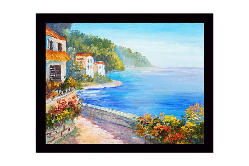 Inramad Canvastavla i trä - 41x56 cm - Vacker kustlandskap med färgglada hus och blomstrande växtlighet vid havet - Blå / Grön / Orange - Inredning & dekor - Tavlor & konst