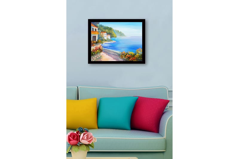 Inramad Canvastavla i trä - 41x56 cm - Vacker kustlandskap med färgglada hus och blomstrande växtlighet vid havet - Blå / Grön / Orange - Inredning & dekor - Tavlor & konst