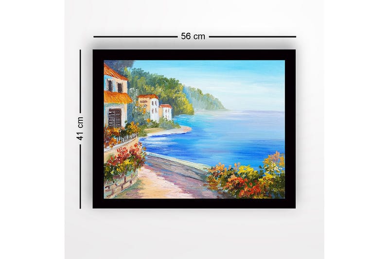 Inramad Canvastavla i trä - 41x56 cm - Vacker kustlandskap med färgglada hus och blomstrande växtlighet vid havet - Blå / Grön / Orange - Inredning & dekor - Tavlor & konst