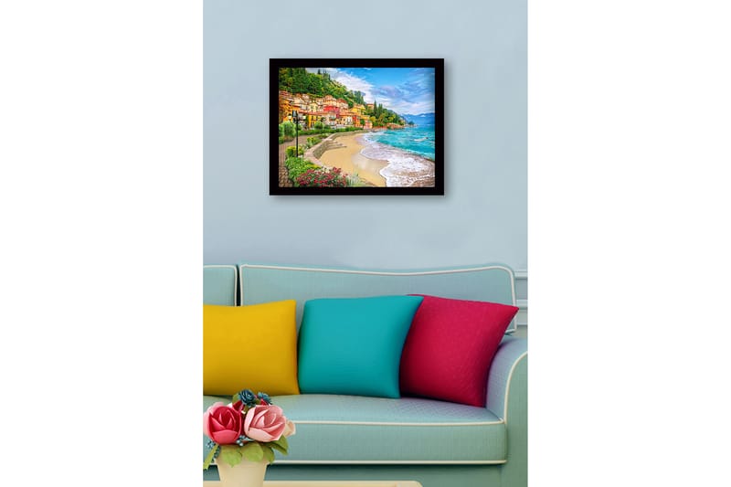 Inramad Canvastavla i trä - 41x56 cm - Vacker kustlinje med färgglada hus och grönskande omgivningar - Blå / Grön / Gul - Inredning & dekor - Tavlor & konst