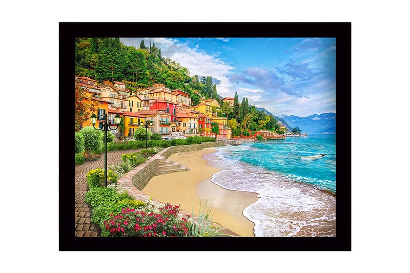 Inramad Canvastavla i trä - 41x56 cm - Vacker kustlinje med färgglada hus och grönskande omgivningar - Blå / Grön / Gul - Inredning & dekor - Tavlor & konst