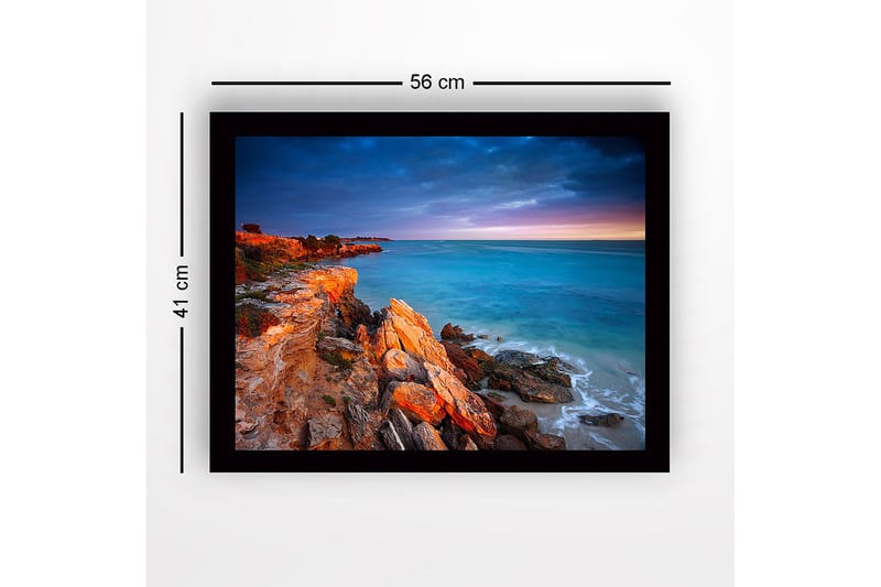 Inramad Canvastavla i trä - 41x56 cm - Vacker kustlinje med klippor och hav i skymningsljus - Turkos / Orange / Grå - Inredning & dekor - Tavlor & konst