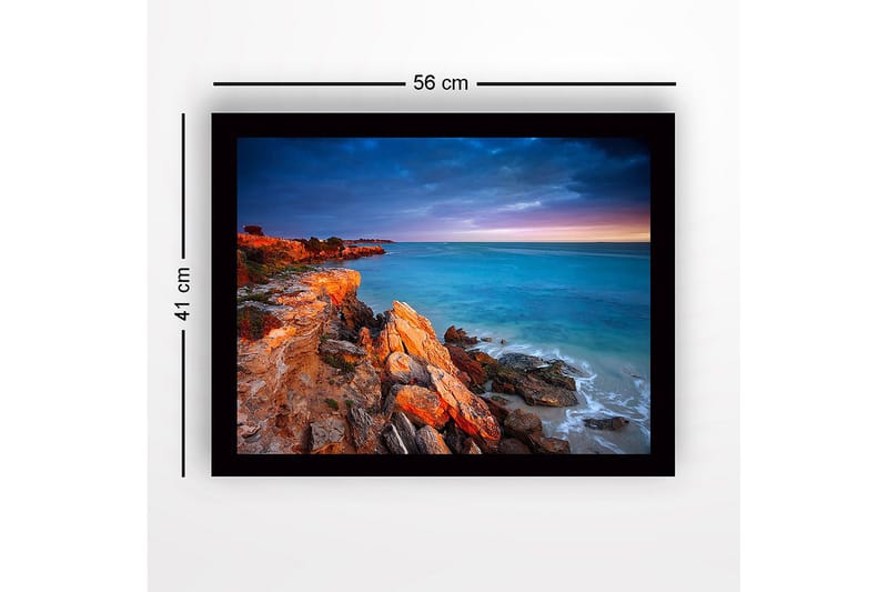 Inramad Canvastavla i trä - 41x56 cm - Vacker kustlinje med klippor och hav i skymningsljus - Turkos / Orange / Grå - Inredning & dekor - Tavlor & konst