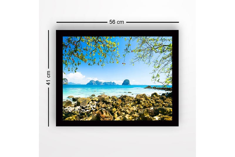 Inramad Canvastavla i trä - 41x56 cm - Vacker kustlinje med klippor och klart blått hav - Blå / Grön / Beige - Inredning & dekor - Tavlor & konst