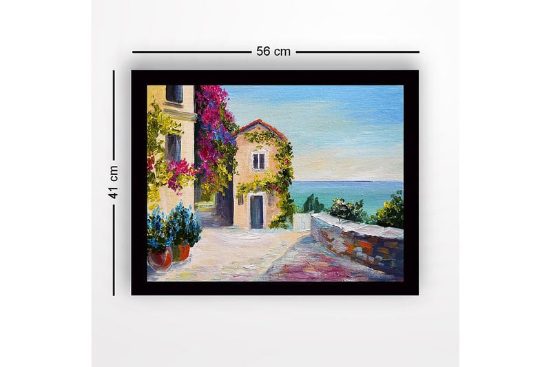 Inramad Canvastavla i trä - 41x56 cm - Vacker kustutsikt med blommor och en pittoresk byggnad - Lila / Grön / Blå - Inredning & dekor - Tavlor & konst