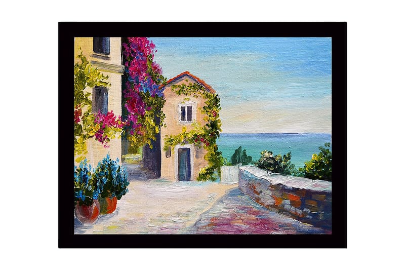 Inramad Canvastavla i trä - 41x56 cm - Vacker kustutsikt med blommor och en pittoresk byggnad, Lila / Grön / Blå