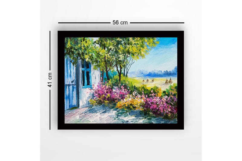 Inramad Canvastavla i trä - 41x56 cm - Vacker landskapsvy med blommor och ett hus i bakgrunden - Grön / Lila / Blå - Inredning & dekor - Tavlor & konst