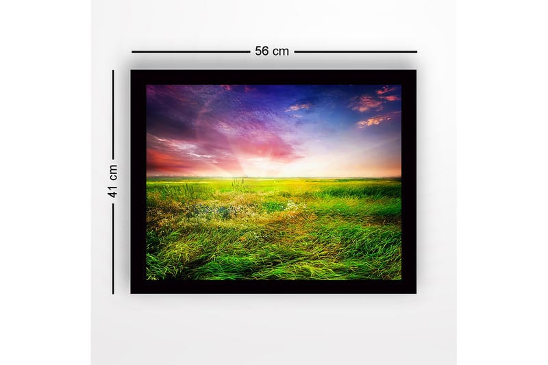 Inramad Canvastavla i trä - 41x56 cm - Vacker landskapsvy med grönskande ängar och färgsprakande himmel - Grön / Gul / Lila - Inredning & dekor - Tavlor & konst