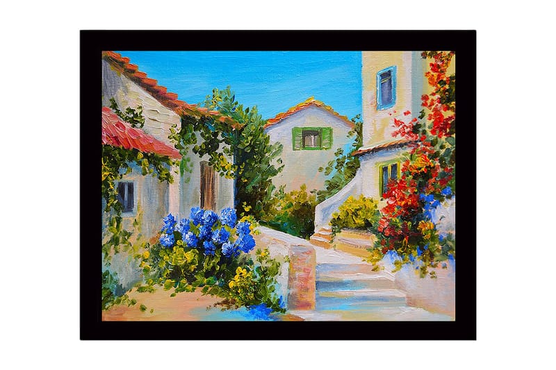 Inramad Canvastavla i trä - 41x56 cm - Vacker medelhavsmiljö med blommor och hus i ljusa färger, Blå / Grön / Röd