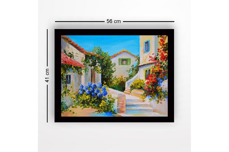 Inramad Canvastavla i trä - 41x56 cm - Vacker medelhavsmiljö med blommor och hus i ljusa färger - Blå / Grön / Röd - Inredning & dekor - Tavlor & konst