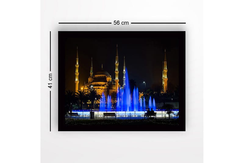 Inramad Canvastavla i trä - 41x56 cm - Vacker moské belyst av gyllene ljus med en fontän i blått vatten - Guld / Blå - Inredning & dekor - Tavlor & konst