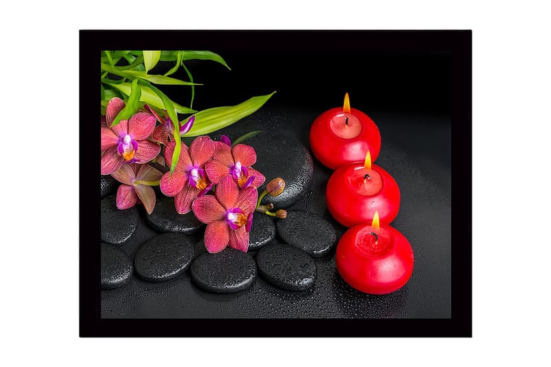 Inramad Canvastavla i trä - 41x56 cm - Vacker samling av orkidéer och levande ljus på svarta stenar - Röd / Svart / Grön - Inredning & dekor - Tavlor & konst