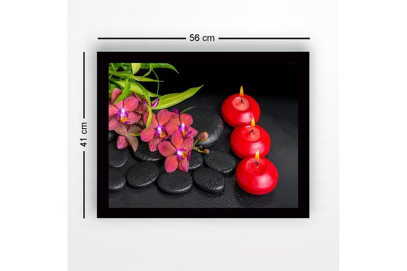 Inramad Canvastavla i trä - 41x56 cm - Vacker samling av orkidéer och levande ljus på svarta stenar - Röd / Svart / Grön - Inredning & dekor - Tavlor & konst