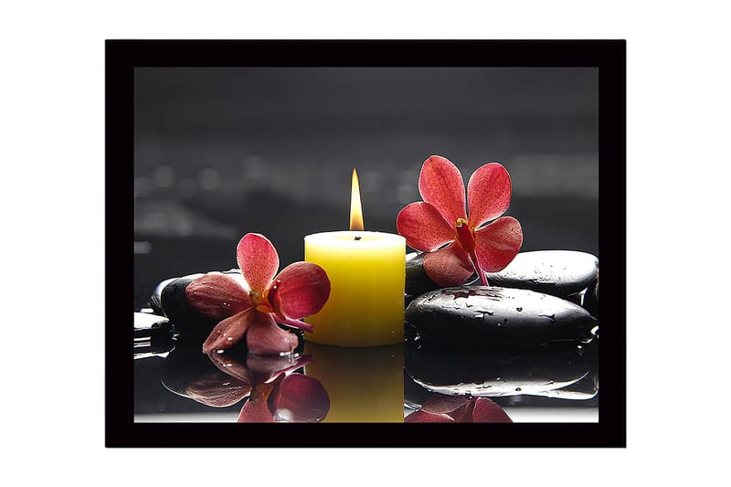 Inramad Canvastavla i trä - 41x56 cm - Vacker sammansättning av orkidéer och ett ljus på svarta stenar, Röd / Gul / Svart