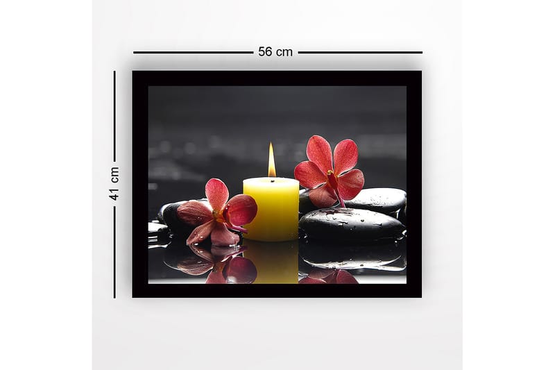 Inramad Canvastavla i trä - 41x56 cm - Vacker sammansättning av orkidéer och ett ljus på svarta stenar - Röd / Gul / Svart - Inredning & dekor - Tavlor & konst