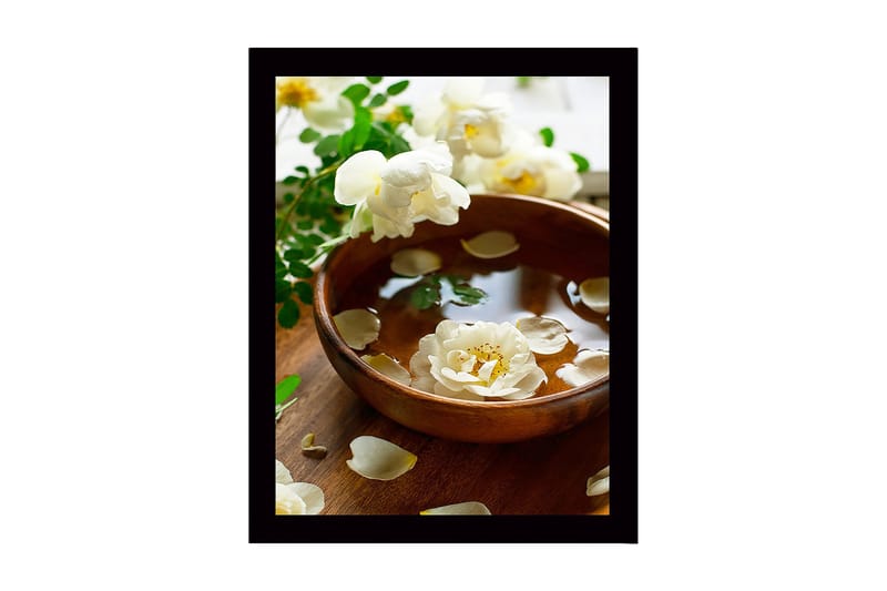 Inramad Canvastavla i trä - 41x56 cm - Vacker skål med flytande blommor och kronblad - Vit / Grön / Brun - Inredning & dekor - Tavlor & konst