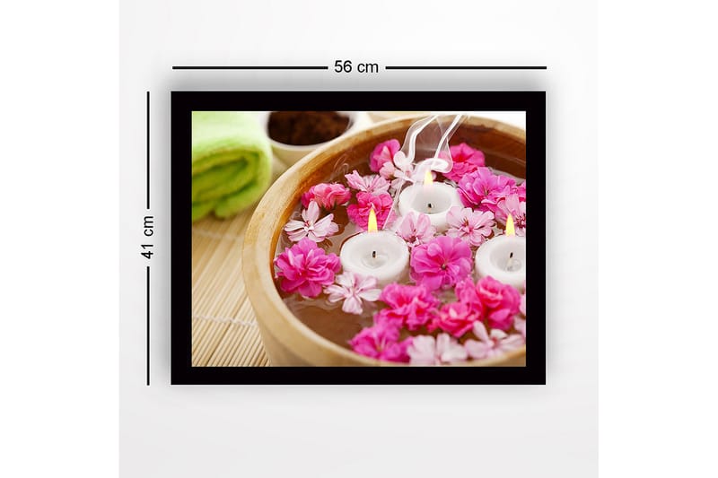 Inramad Canvastavla i trä - 41x56 cm - Vacker skål med flytande blommor och ljus - Rosa / Vitt / Brunt - Inredning & dekor - Tavlor & konst