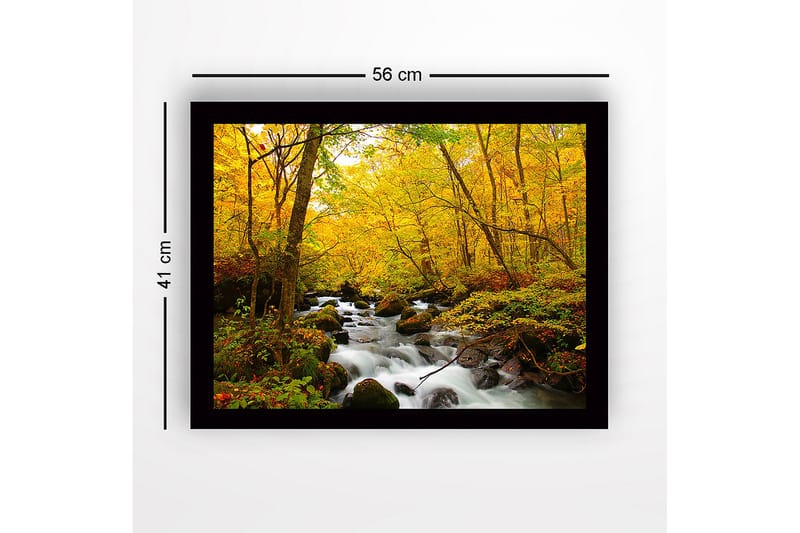 Inramad Canvastavla i trä - 41x56 cm - Vacker skog med en porlande bäck omgiven av gyllene höstlöv - Gult / Grönt / Brunt - Inredning & dekor - Tavlor & konst