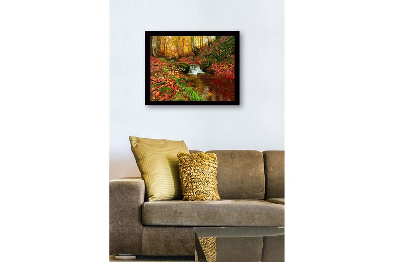 Inramad Canvastavla i trä - 41x56 cm - Vacker skog med en porlande bäck omgiven av höstfärger - Röd / Orange / Grön - Inredning & dekor - Tavlor & konst
