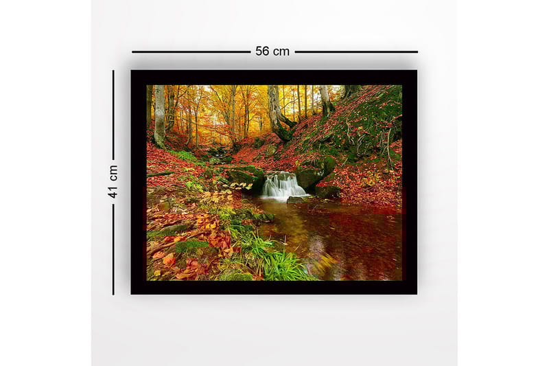 Inramad Canvastavla i trä - 41x56 cm - Vacker skog med en porlande bäck omgiven av höstfärger - Röd / Orange / Grön - Inredning & dekor - Tavlor & konst