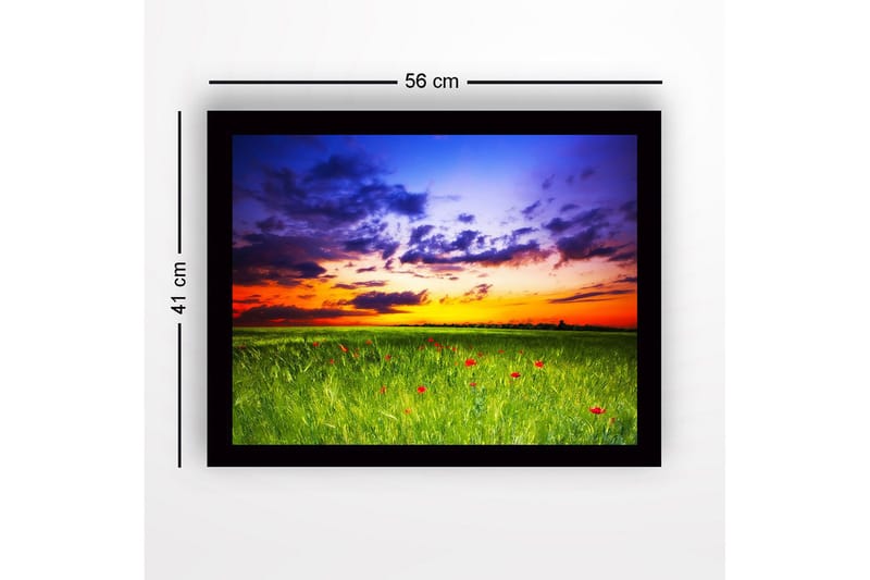Inramad Canvastavla i trä - 41x56 cm - Vacker solnedgång över en grön äng med röda vallmo - Grön / Orange / Blå - Inredning & dekor - Tavlor & konst