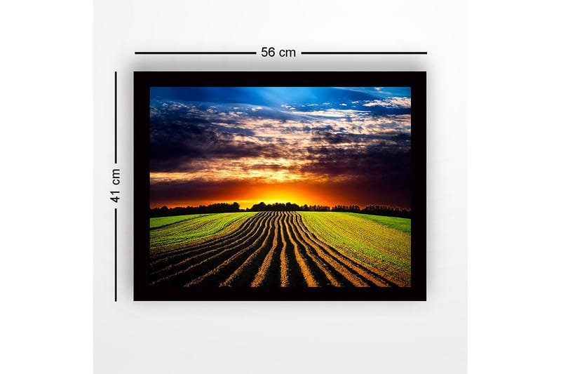Inramad Canvastavla i trä - 41x56 cm - Vacker solnedgång över ett böljande fält med plöjda rader - Grön / Orange / Blå - Inredning & dekor - Tavlor & konst